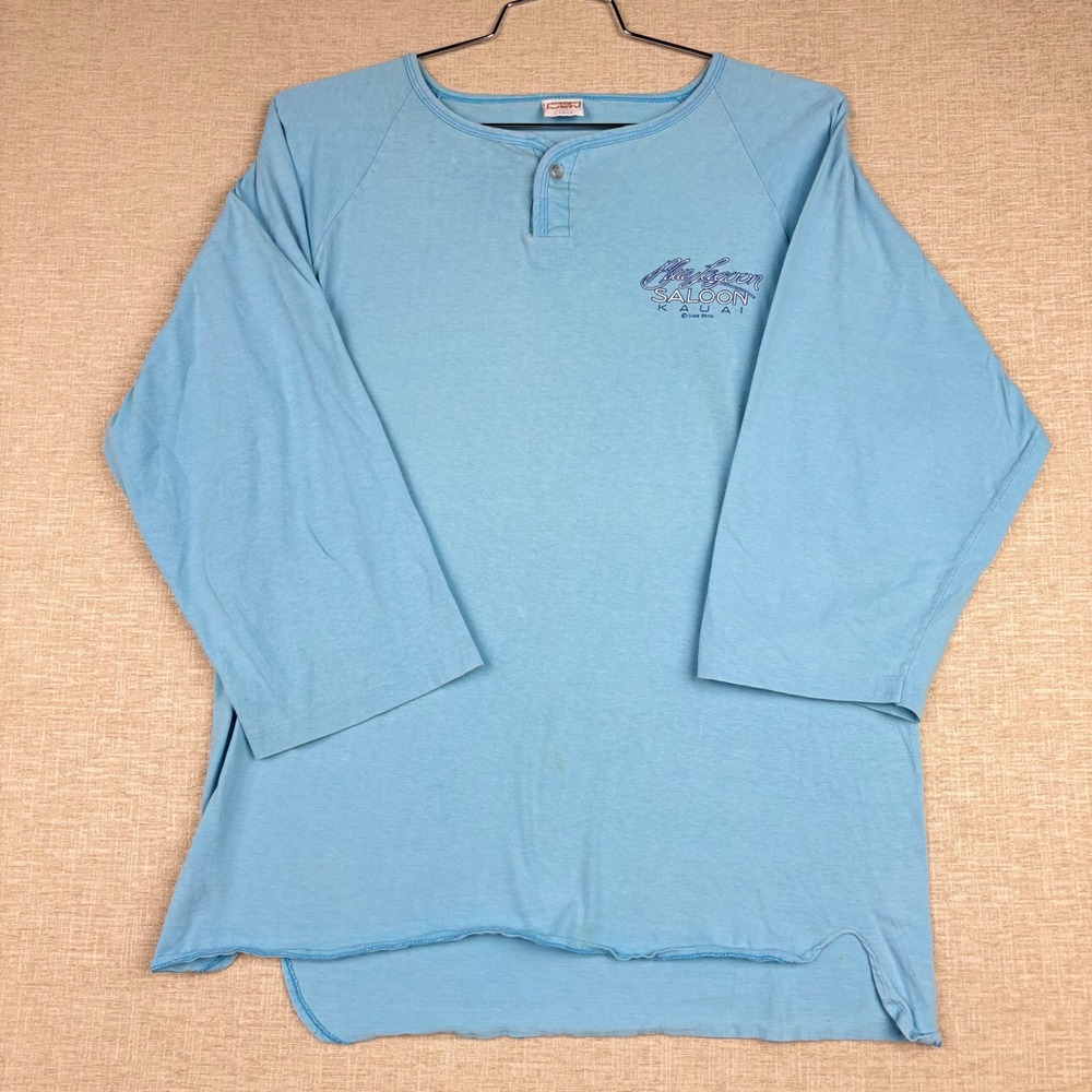 Vintage Crazy Shirts Hawaii Blue Lagoon Saloon Kauai Henley Blue Large USA Made